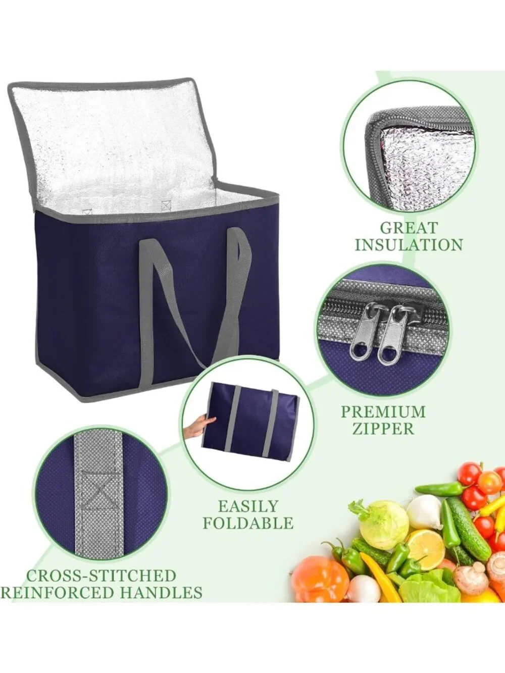 15 Pcs Large Insulated Grocery Bags - Heavy Duty, Zippered, Foldable Totes for